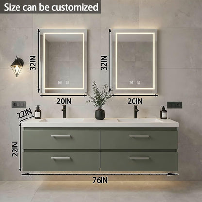 60”-84”Double Sink Floating Bathroom Vanity with LED Mirrors, Sage Green Cabinet & Silver Hardware