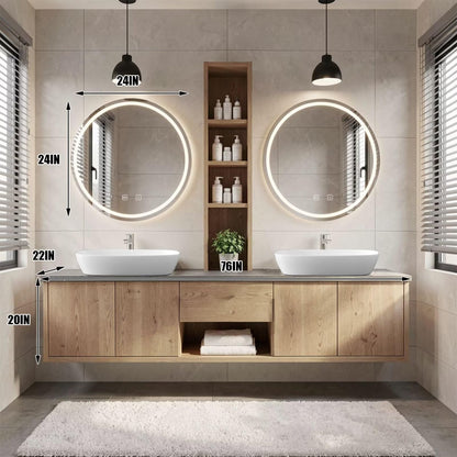 60"-96"Light Oak Floating Bathroom Vanity with Double Vessel Sinks & LED Round Mirrors