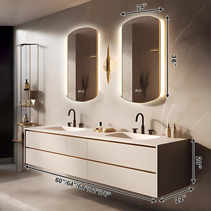 60”-84”Double Sink Floating Bathroom Vanity with Arch LED Mirrors, White Modern Cabinet