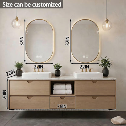 60"-84"Floating Oak Bathroom Vanity with Double Sinks & LED Oval Mirrors