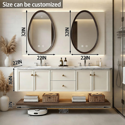 60”-84” Double Sink Floating Vanity with Oval LED Mirrors, Cream Cabinet & Marble Top
