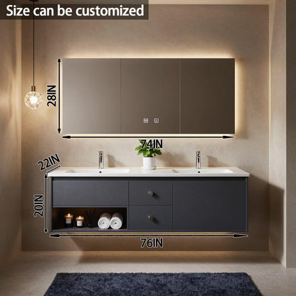 60"-84"Floating Dark Gray Bathroom Vanity with Open Shelf & Backlit LED Mirror Cabinet