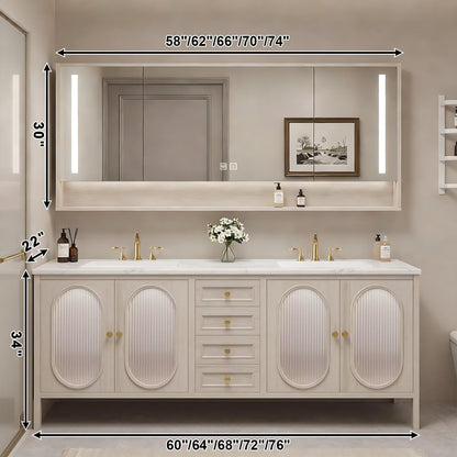60”-84”Double Sink Bathroom Vanity with LED Mirrors, Wood Floating Cabinet with Marble Top, Modern French Country Style, Beige