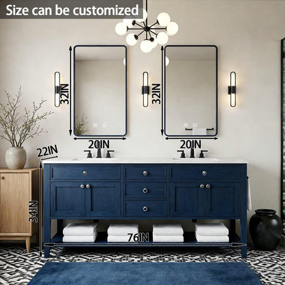 64"-96"Navy Blue Freestanding Bathroom Vanity with Double Sinks & White Marble Top