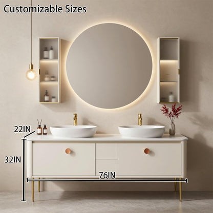 60"-96"White Freestanding Bathroom Vanity with Double Vessel Sinks & LED Round Mirror