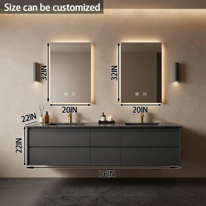 60”-84” Double Floating Vanity, Matte Black Cabinet with Gold Trim LED Mirrors
