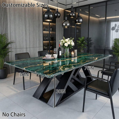 56"-96"Luxury Green Marble Dining Table, Contemporary Rectangular Table with X-Shaped Metal Legs