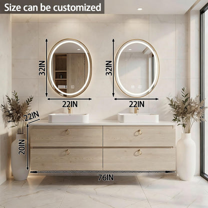 60”-84”Double Sink Floating Bathroom Vanity with LED Round Mirrors, Light Wood Cabinet & Gold Hardware