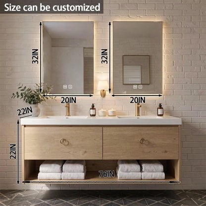 60"-84"Floating Oak Bathroom Vanity with Double Sinks & LED Mirrors