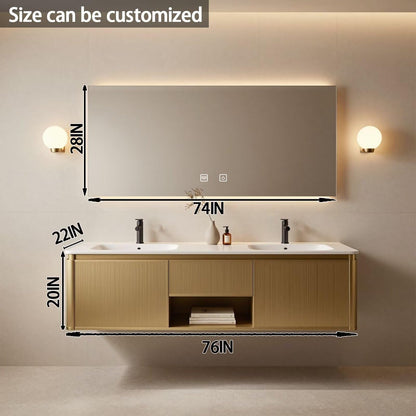 60"-84"Modern Gold Floating Bathroom Vanity Set with Fluted Doors & White Top