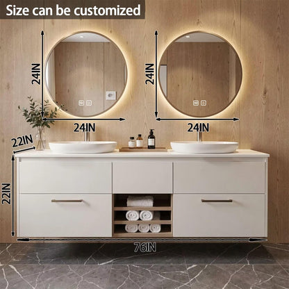 60”-84”Double Sink Floating Bathroom Vanity with LED Round Mirrors, White Cabinet & Stone Top