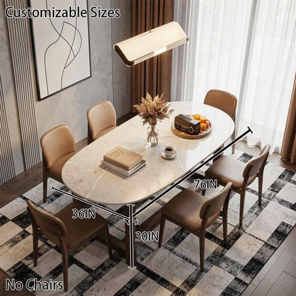 56"-96"Oval White Marble Dining Table, Modern Kitchen Table with Solid Wood Pedestal Base
