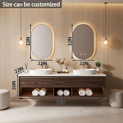 60"-84"Modern Dark Wood Bathroom Vanity with Dual Sinks & Smart LED Oval Mirrors