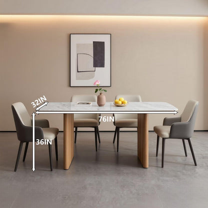 60"-80"Modern White Marble Dining Table Set with 4 Upholstered Chairs, Wood Legs