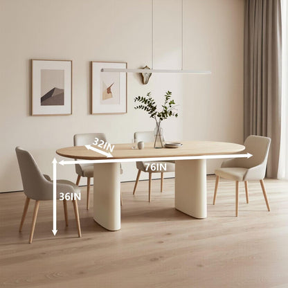 60"-80"Modern Oval Dining Table with Light Wood Top & Cream Base, Seats 4-6