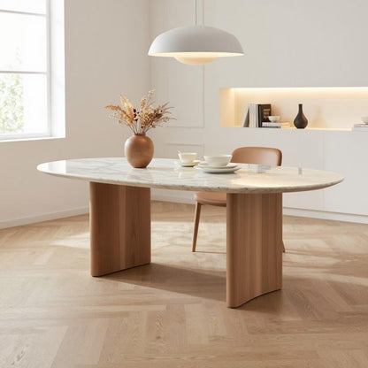 56"-88"Modern Oval Marble Dining Table with Solid Wood Pedestal Legs