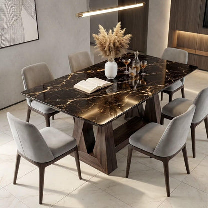 56"-88"Black Marble Dining Table with Natural Wood Base for 6-8 People