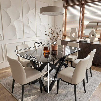 56"-88"Black Marble Dining Table with White Vein & Black X-Shaped Legs for 6