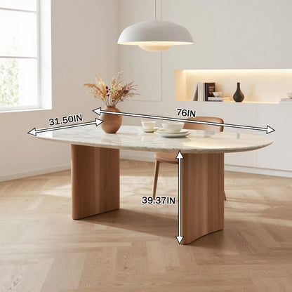 56"-88"Modern Oval Marble Dining Table with Solid Wood Pedestal Legs