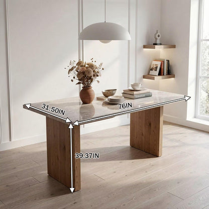 56"-88"Light Gray Marble Dining Table with Natural Wood Base for 4-6 People