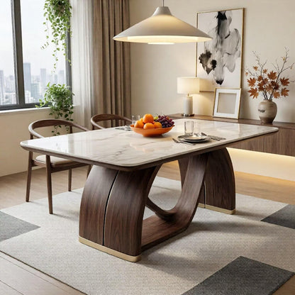 56"-96"Modern Dining Table, White Marble Top with Curved Walnut Wood Base for 4-6