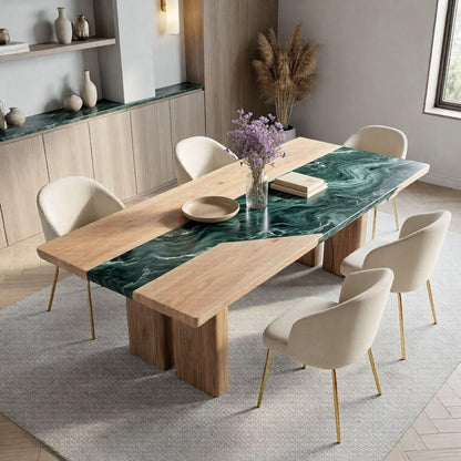 56"-96"Contemporary Luxury Dining Table, Wood & Green Marble Top with Chunky Wood Base