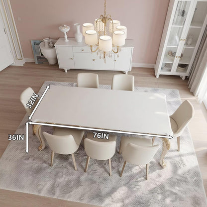 60"-80"French Style Dining Table, Elegant White Top with Gold Carved Legs for 6 People