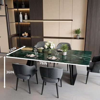 60"-80"Green Marble Dining Table, Modern Rectangular Kitchen Table with Black Metal Base