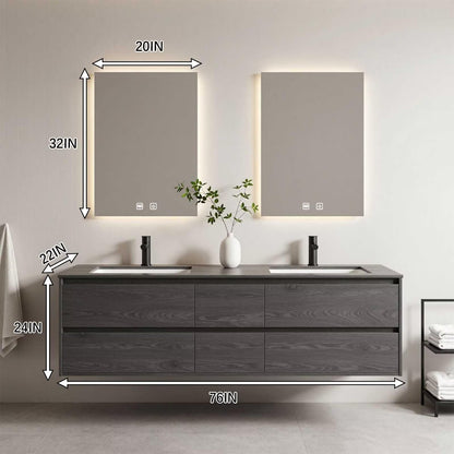 60"-96"Dark Oak Floating Bathroom Vanity with Double Sinks & LED Backlit Mirrors