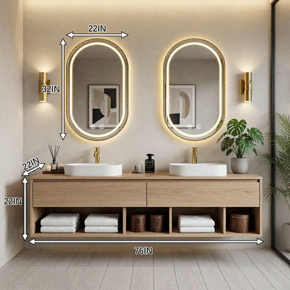 60“-96”Modern oak bathroom vanity with double vessel sinks, wall-mounted storage cabinet