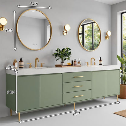 60"-96"Modern Green Bathroom Vanity with Gold Hardware & Round Gold Frame Mirrors