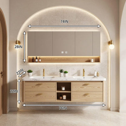 60"-96"Floating Oak Double Bathroom Vanity with Marble Countertop & LED Mirror Cabinet