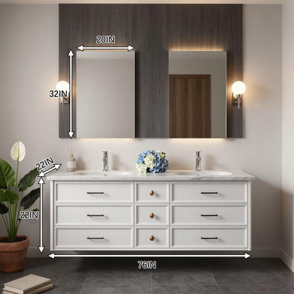60"-96"Modern White Floating Bathroom Vanity with Double Sinks & Marble Countertop