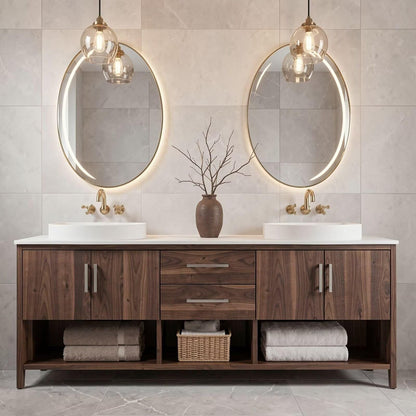 60"-96"Walnut Bathroom Vanity with Double Vessel Sinks & Storage Drawers
