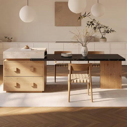 60"-79"Wood & Marble Kitchen Island with Integrated Dining Table & Storage Drawers