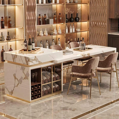60"-79"Luxury Marble Kitchen Island Dining Combo with Built-in Wine Rack & Gold Trim