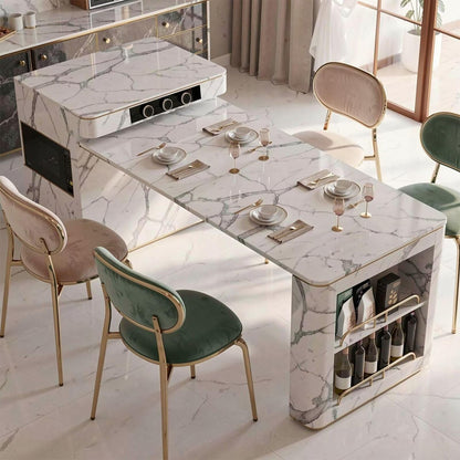 60"-79"Marble Kitchen Island Dining Table with Wine Rack & Storage, Luxury Gold Trim