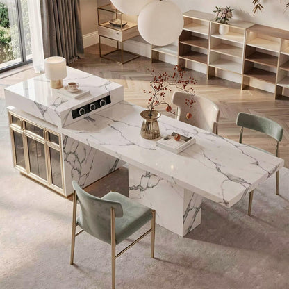 Luxury Marble Kitchen Island with Dining Table, Gold Trim & Built-in Power Station