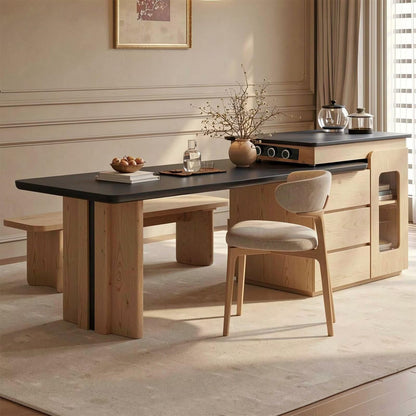 Modern Wood Kitchen Island with Black Dining Table & Built-in Power Station