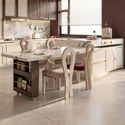 60"-79"Modern Calacatta Marble Kitchen Island with Integrated Dining Table & Gold Trim