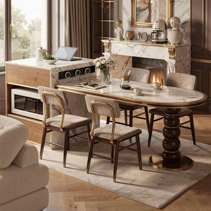 60"-79"French Style Marble Kitchen Island with Oval Dining Table & Built-in Power Station