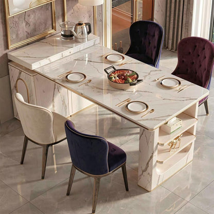 60"-79"Elegant Marble Kitchen Island Dining Set with Built-in Tea Station & Open Shelves