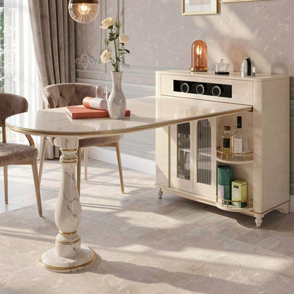 60"-79"Luxury Marble Kitchen Island with Oval Dining Table, Gold Trim & Wine Storage
