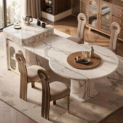 60"-79"French Style Marble Kitchen Island Dining Combo with Tea Station & Built-in Outlets