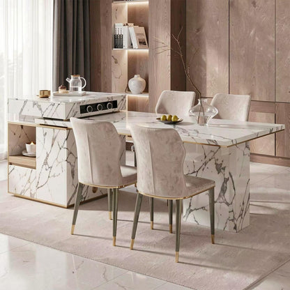 60"-79"Luxury Marble Kitchen Island with Dining Table, Built-in Power Station & Gold Trim
