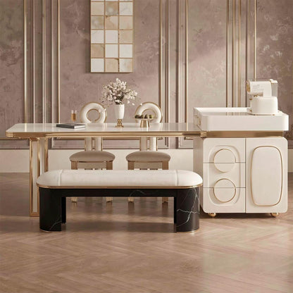 60"-79"White & Gold Kitchen Island Dining Combo with Built-in Outlets & Storage Cabinet