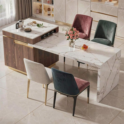 60“-79”Wood &amp; Marble Kitchen Island with Dining Table, Tea Station &amp; Built-in Power Station