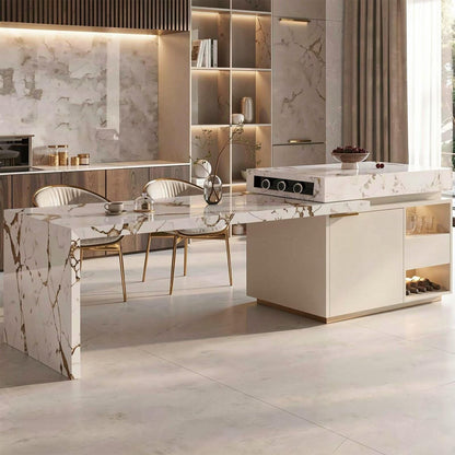 Elegant Italian Style Kitchen Island with Marble Top, Gold Base & Built-in Power Hub