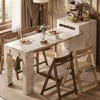 60"-79"Rolling Marble Kitchen Island Dining Combo with Built-in Power Strip & Coffee Station