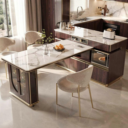 60"-79"Elegant Marble Kitchen Island Dining Set with Appliance Storage & Built-in Outlets